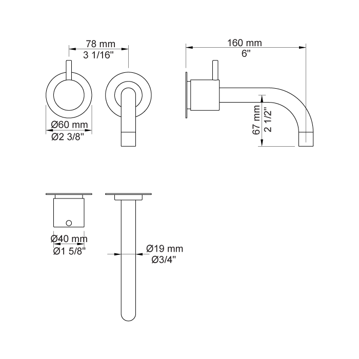 Vola 111 wall mounted basin mixer one handle 160mm spout