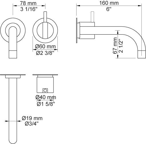 Vola 111x wall mounted basin mixer one handle 160mm spout